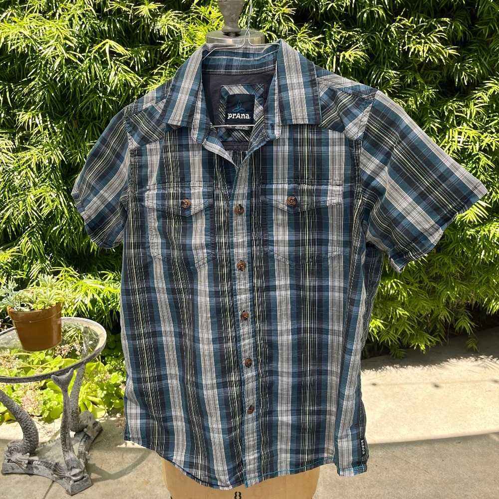 Prana Murdock Slim Fit Short Sleeve Button Down Shirt Men's S Blue Ash